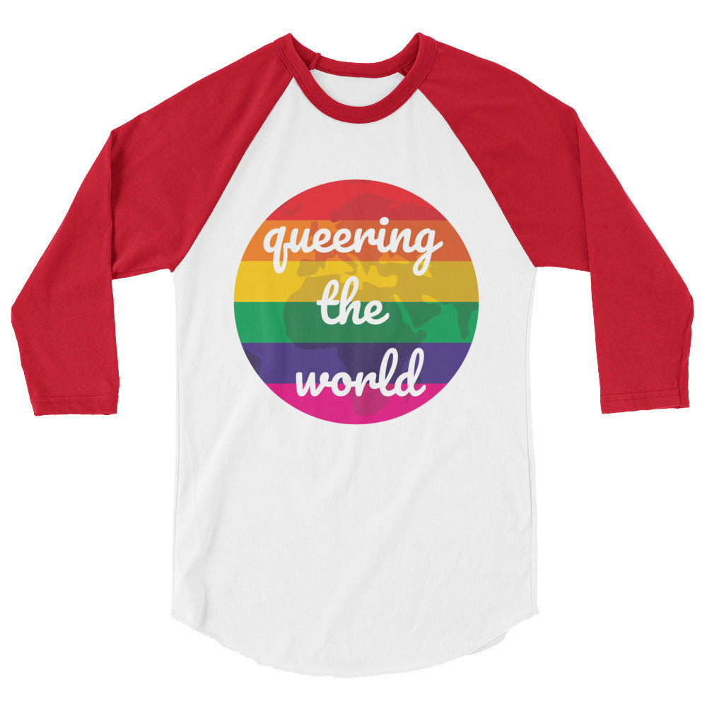 Red-and-white raglan shirt with a rainbow circle reading “queering the world”