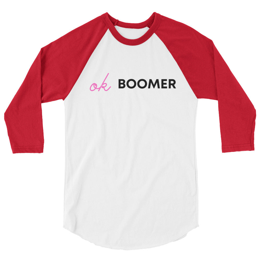White and red raglan shirt with three-quarter sleeves and “ok BOOMER” text