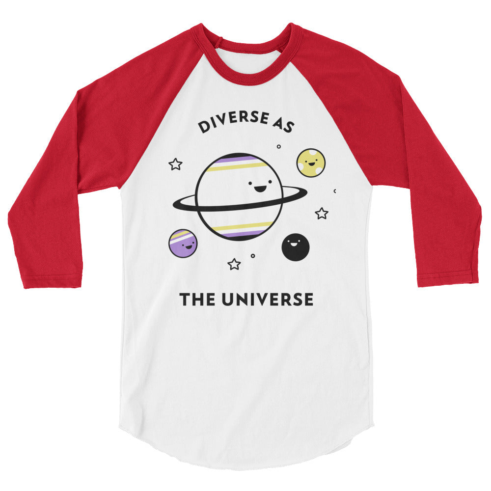 Close-up of a red-and-white raglan shirt with “DIVERSE AS THE UNIVERSE” space graphic