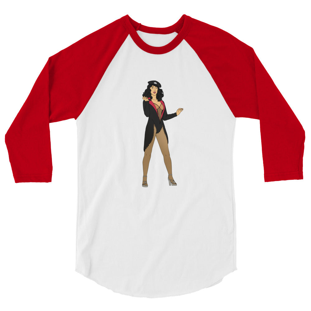 Front view of a white raglan shirt with red three-quarter sleeves and a burlesque performer graphic