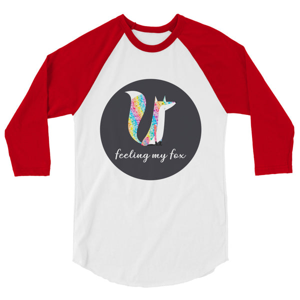 Front view of a white raglan shirt with red three-quarter sleeves and a fox graphic reading “feeling my fox”