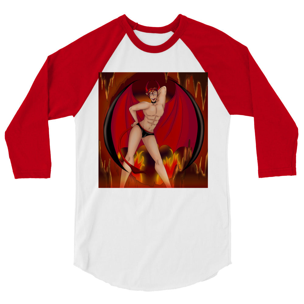 Front view of a red-and-white raglan shirt with a shirtless winged devil in flames