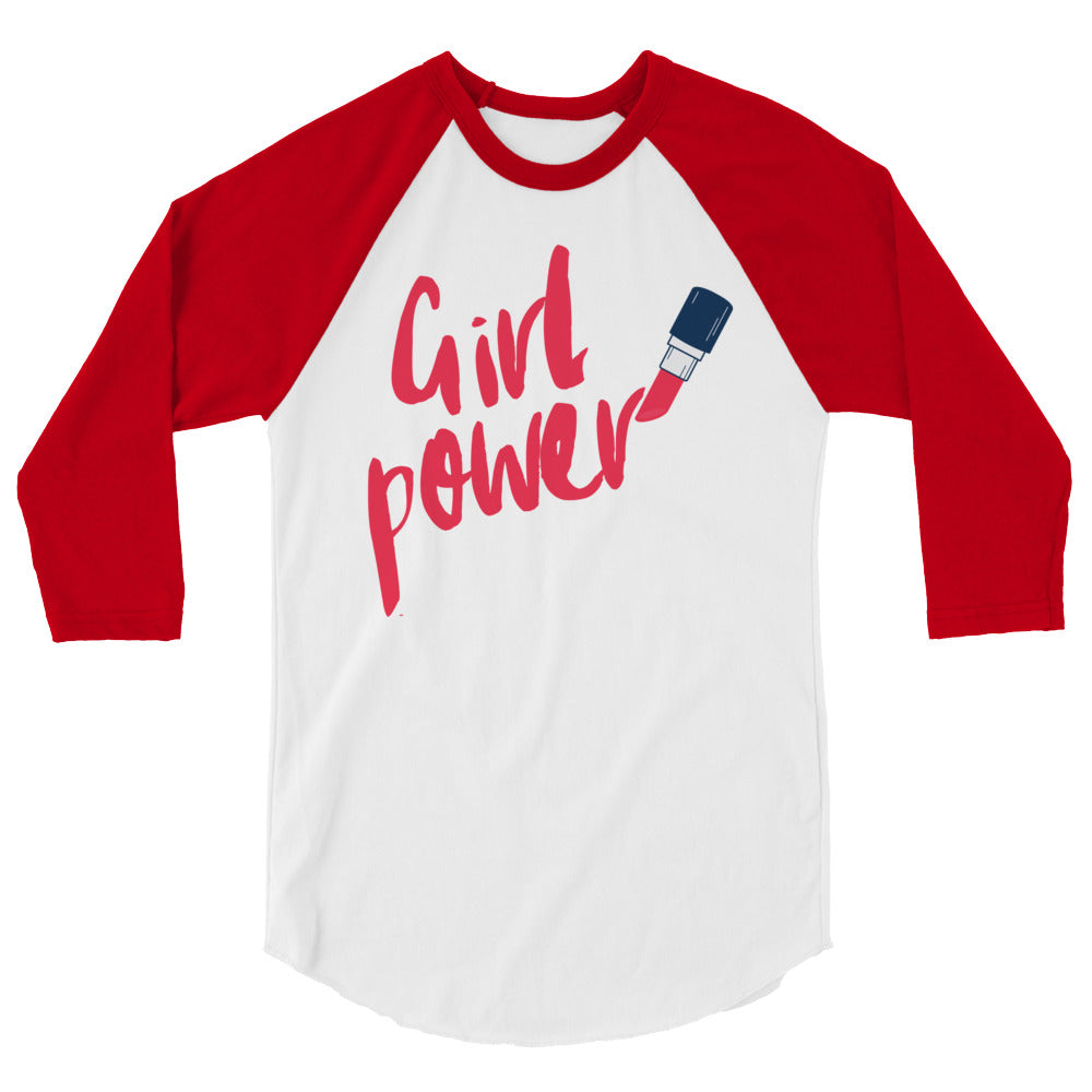 Front-facing white raglan shirt with red sleeves and “Girl Power” lettering