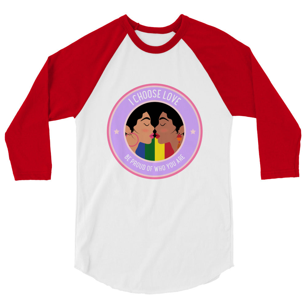 Front-facing white raglan shirt with red three-quarter sleeves and a kissing couple graphic