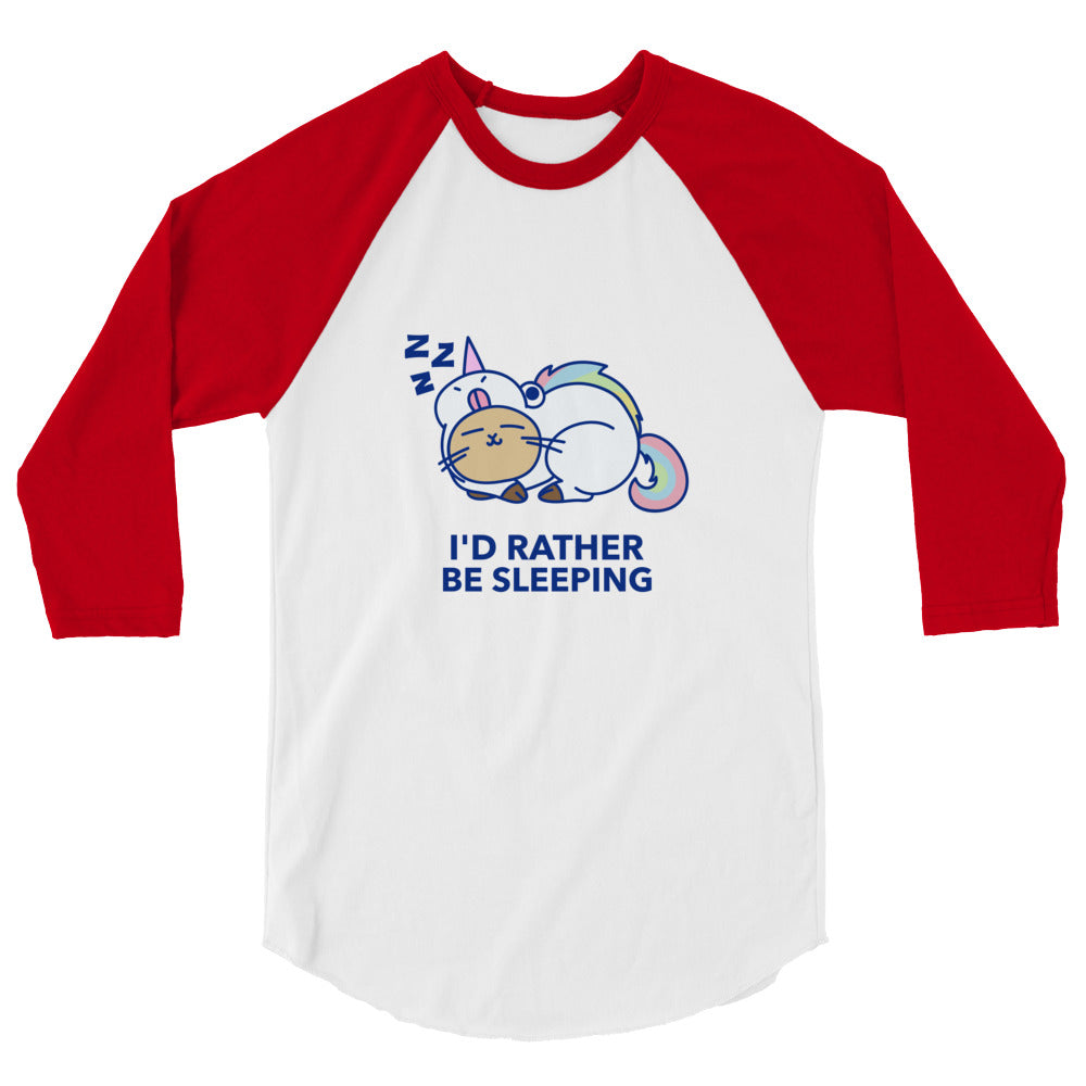 Front view of a white raglan shirt with red three-quarter sleeves, sleeping cat and unicorn graphic