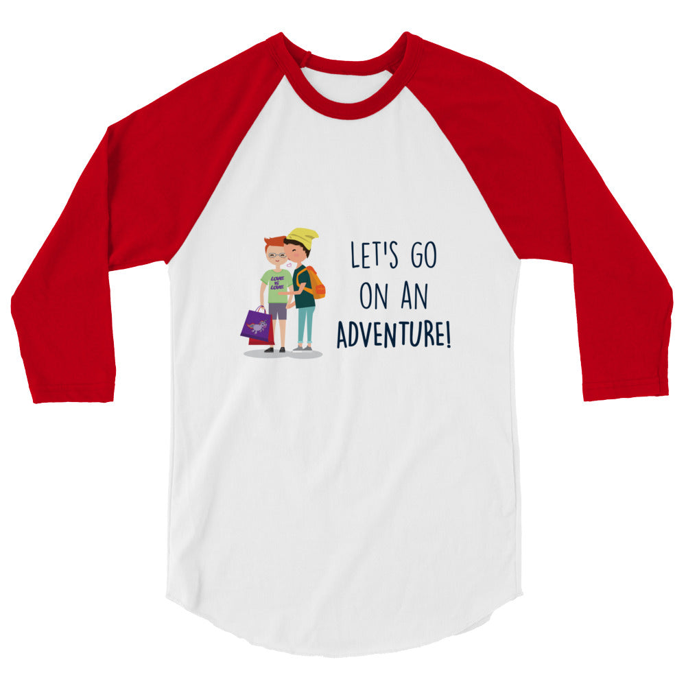 White-and-red raglan shirt with two illustrated people and “LET'S GO ON AN ADVENTURE!”
