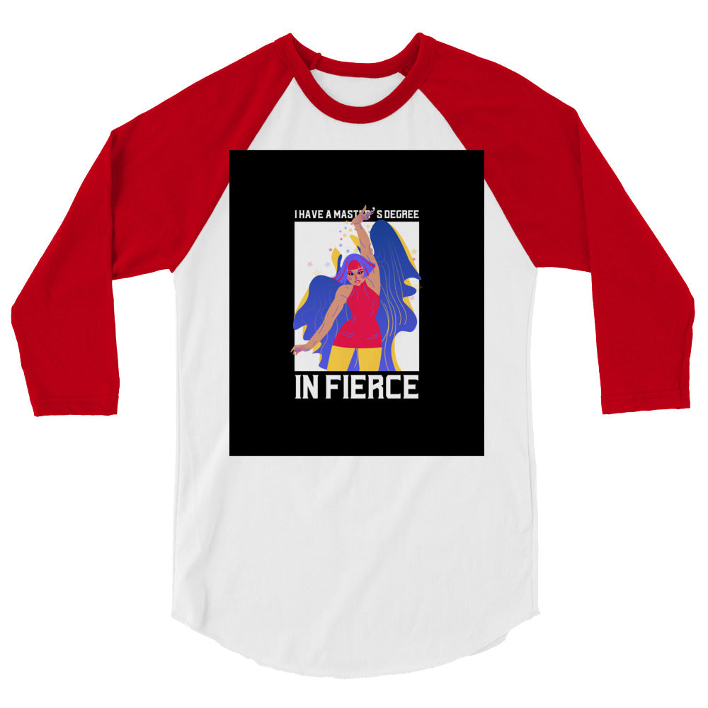 Front view of a white raglan shirt with red three-quarter sleeves and fierce graphic