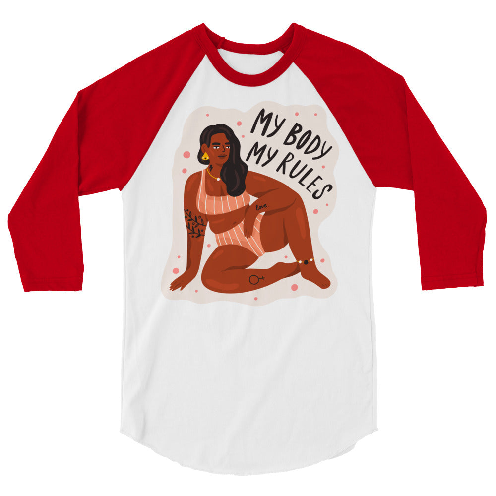 Front view of a white raglan shirt with red three-quarter sleeves and “My Body My Rules” graphic