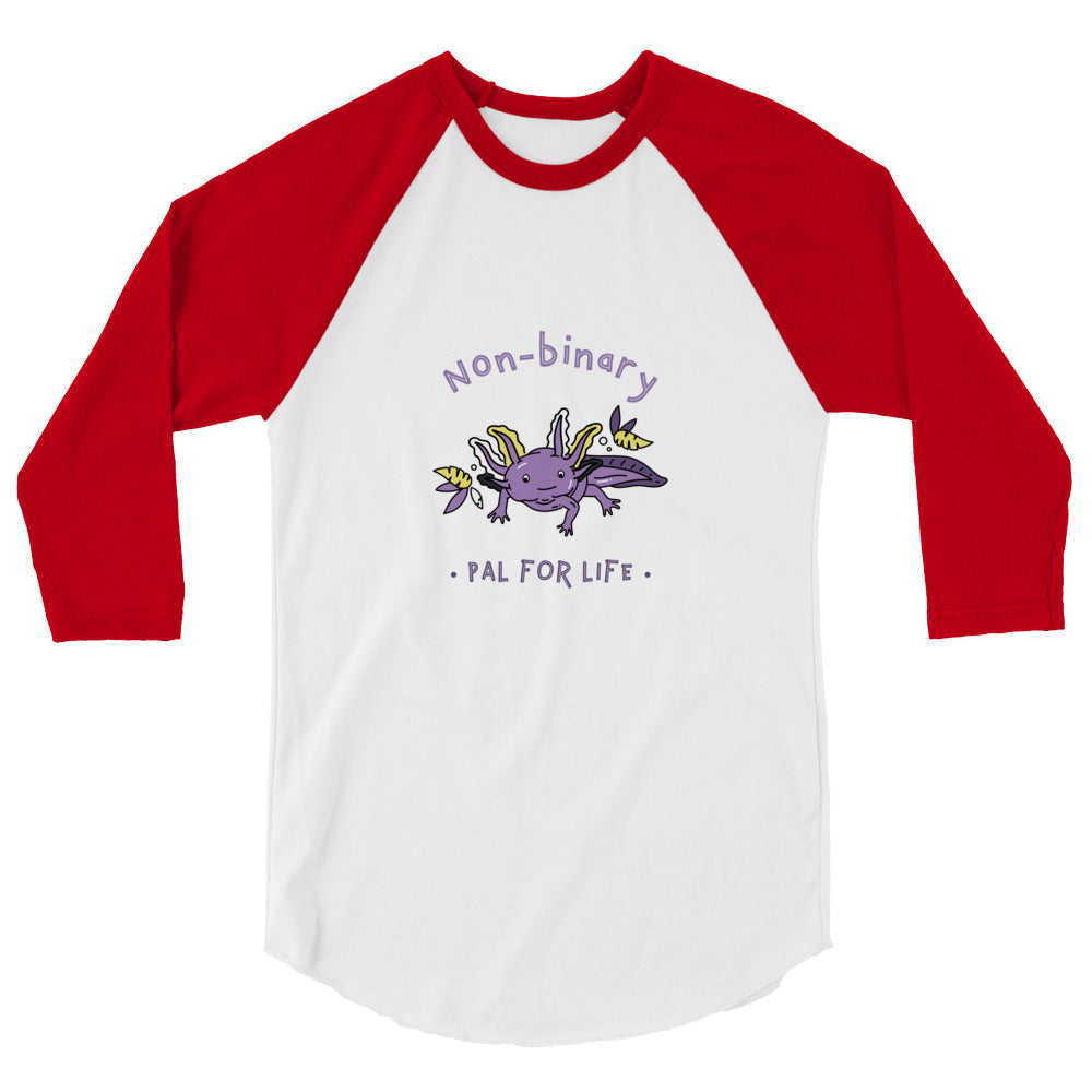 Front view of a white raglan shirt with red sleeves and “Non-binary Pal for Life” text