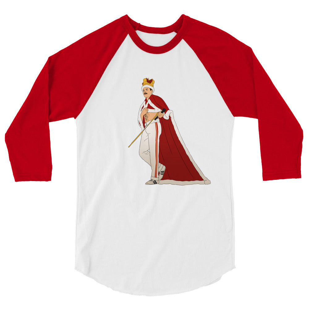 Front-view white raglan shirt with red three-quarter sleeves and a crowned performer graphic