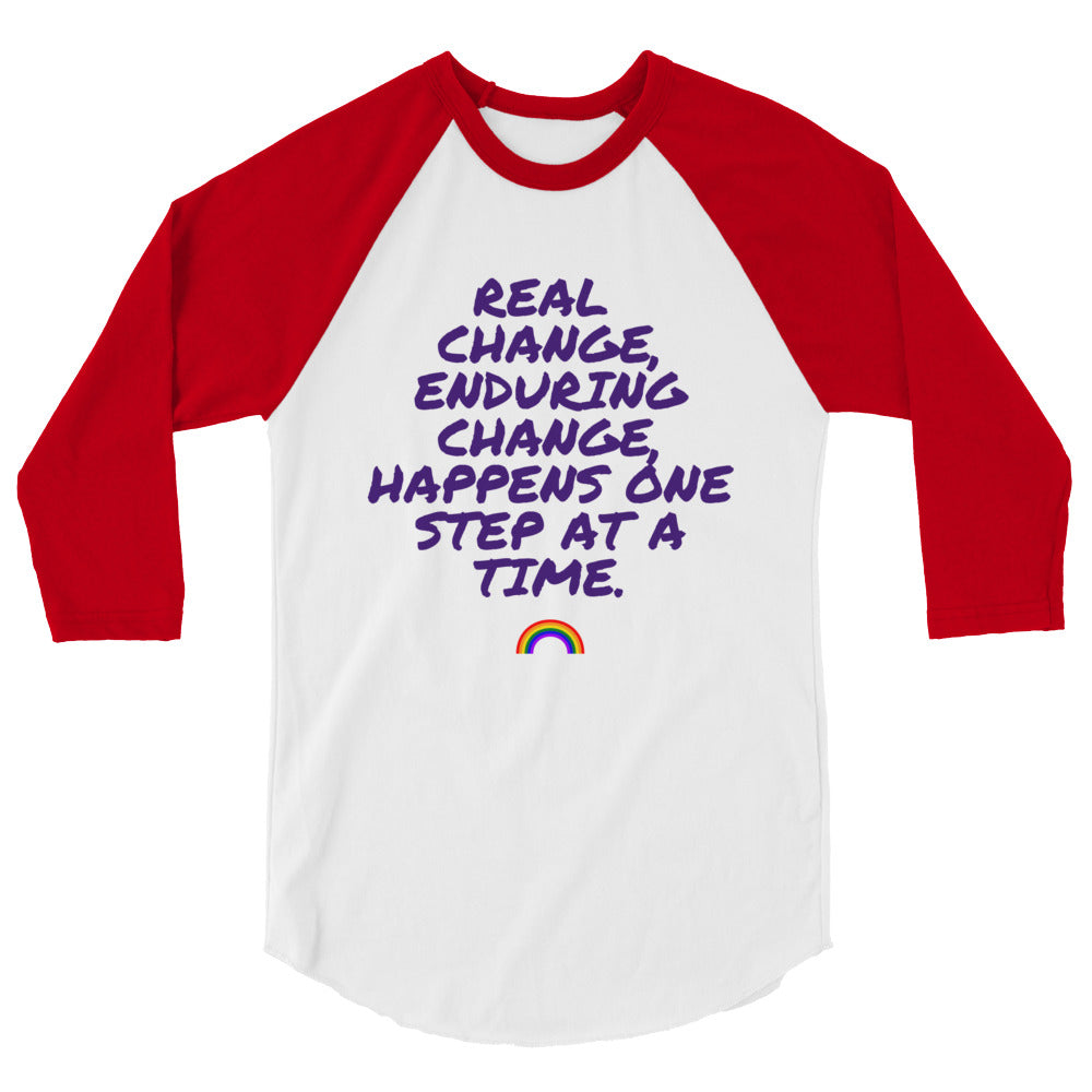 Front view of a white raglan shirt with red three-quarter sleeves and purple text, “Real Change, Enduring Change Happens O...