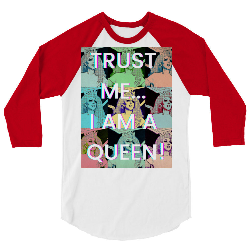 Front view of a white raglan shirt with red three-quarter sleeves and queen graphic