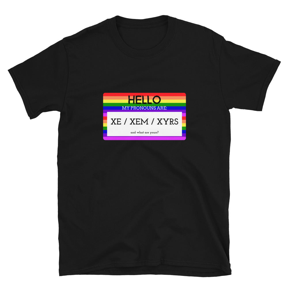 Black Hello My Pronouns Are Xe / Xem / Xyrs T-Shirt by Queer In The World Originals sold by Queer In The World: The Shop - LGBT Merch Fashion