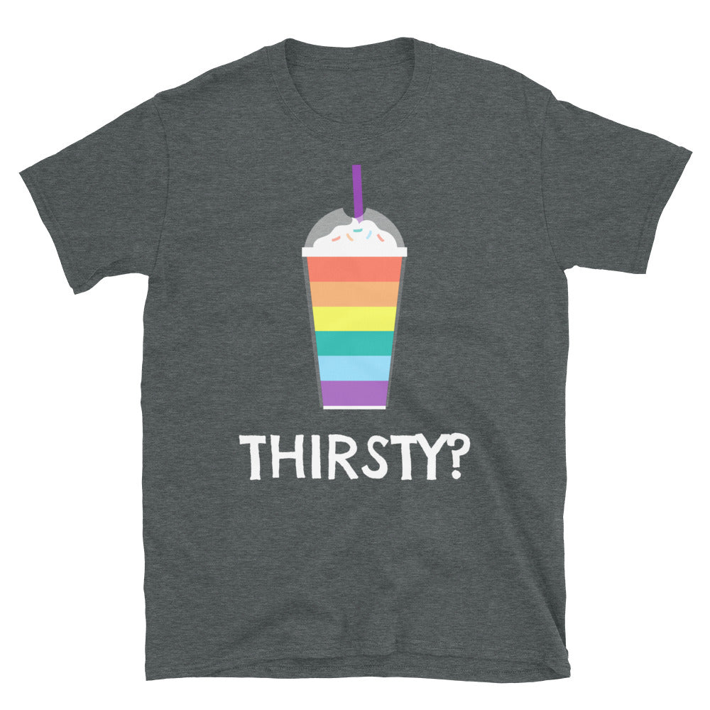 Flat-lay charcoal T-shirt with a rainbow-striped drink graphic and “THIRSTY?” text