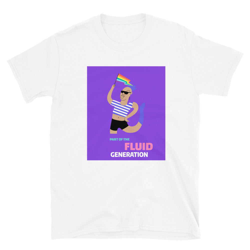 White T-shirt with colorful fluid-pride figure and “PART OF THE FLUID GENERATION” graphic