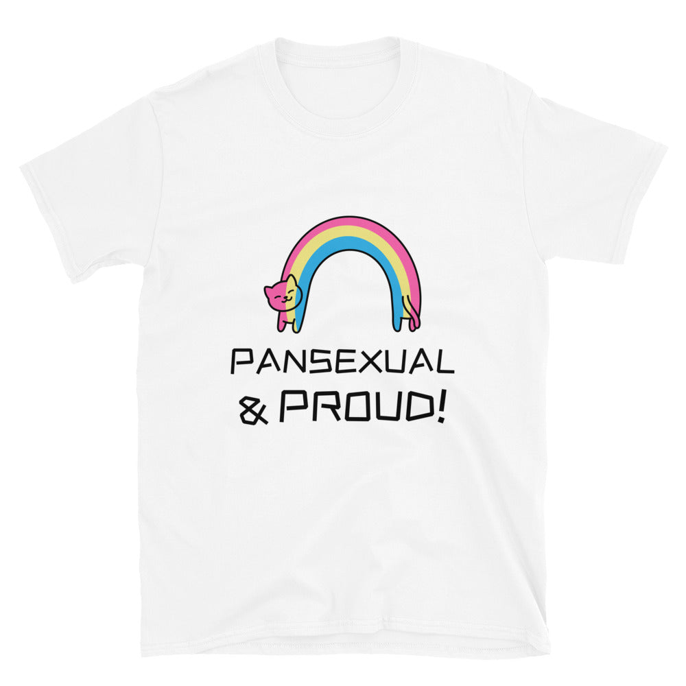 White T-shirt with a pink, yellow and blue rainbow cat graphic and “PANSEXUAL & PROUD!” text