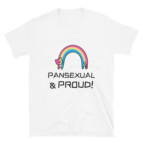 White T-shirt with a pink, yellow and blue rainbow cat graphic and “PANSEXUAL & PROUD!” text
