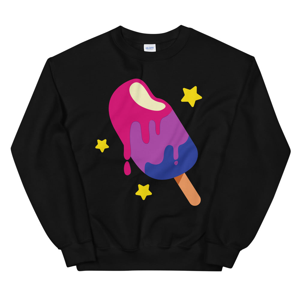 Black sweatshirt with a colorful melting bisexual popsicle and yellow stars