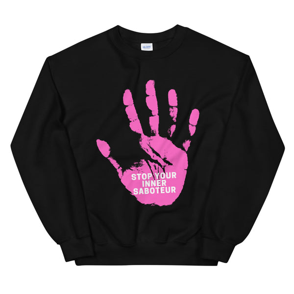 Black crewneck sweatshirt with a pink handprint and “STOP YOUR INNER SABOTEUR” text