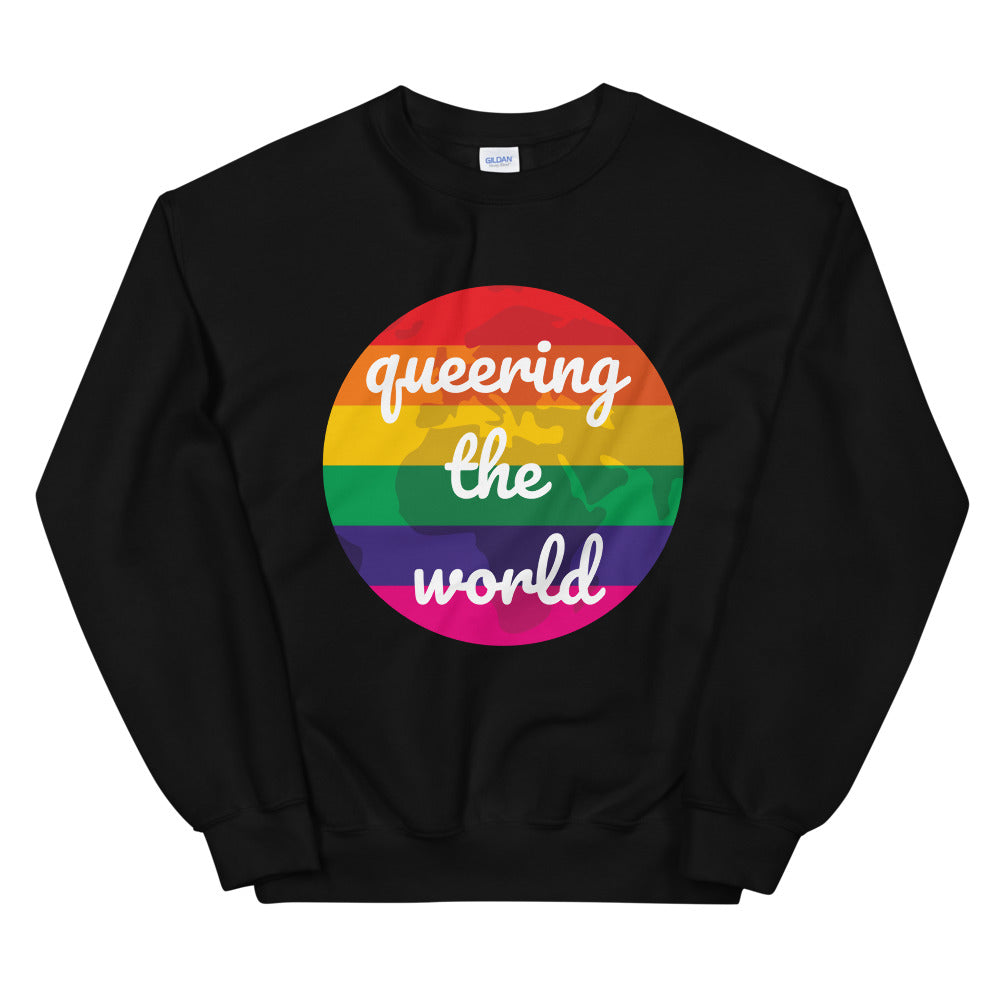 Black crewneck sweatshirt with a rainbow circle graphic reading “queering the world”