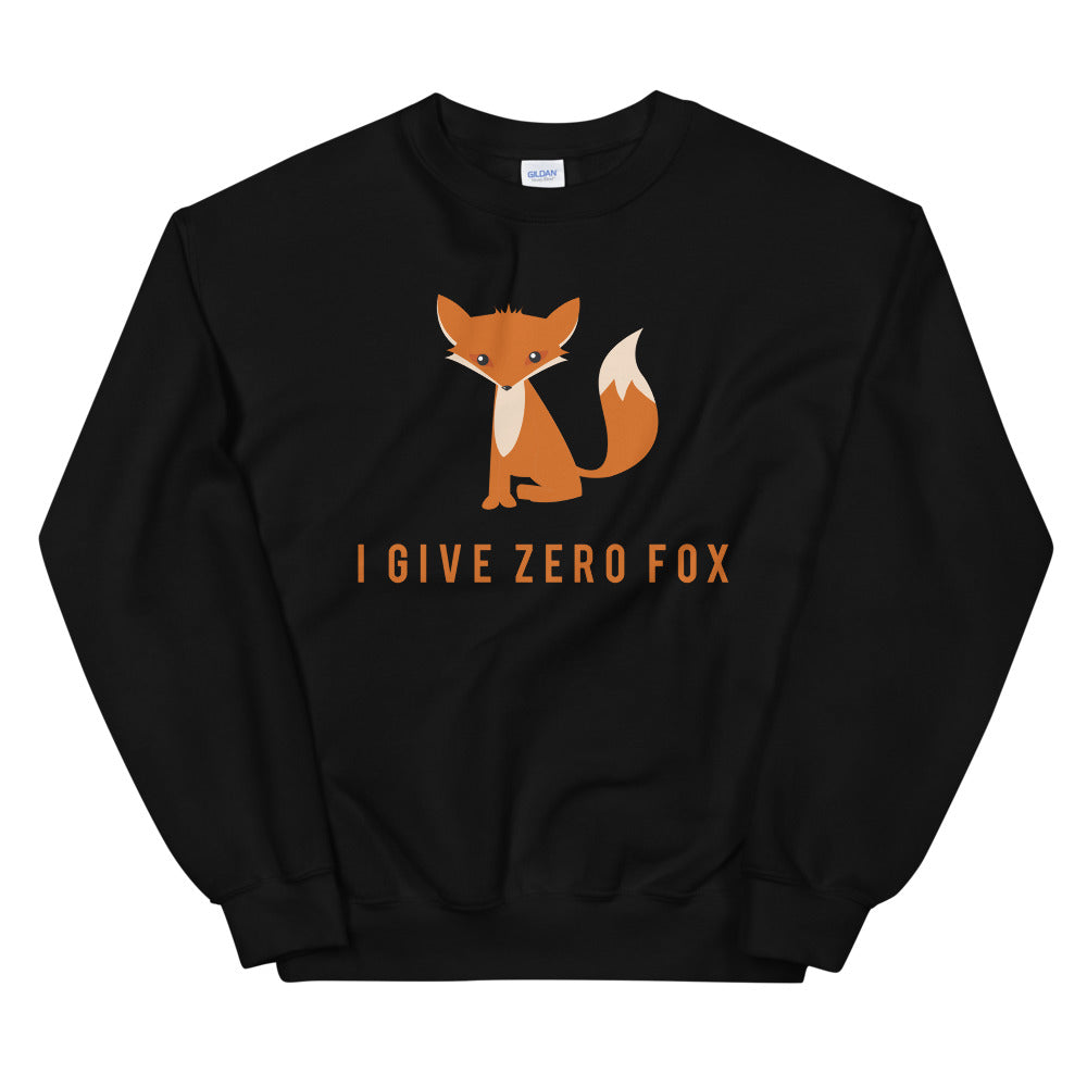 Front view of a black sweatshirt with an orange fox graphic and “I GIVE ZERO FOX” text