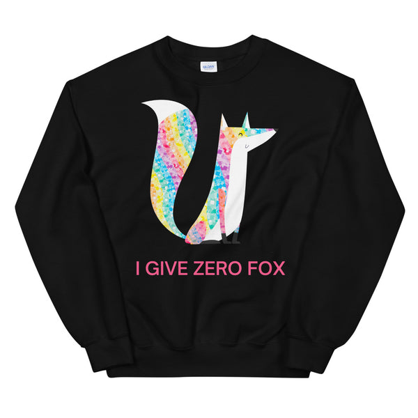 Black sweatshirt with a colorful fox graphic and pink “I GIVE ZERO FOX” slogan
