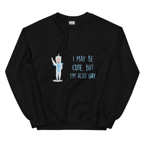 Black sweatshirt with a cartoon figure and the words “I MAY BE CUTE, BUT I'M ALSO GAY”