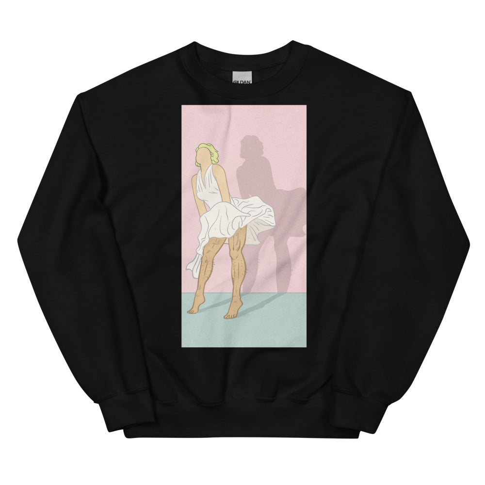 Front view of a black sweatshirt with a vintage-style Marilyn Monroe skirt-blowing illustration