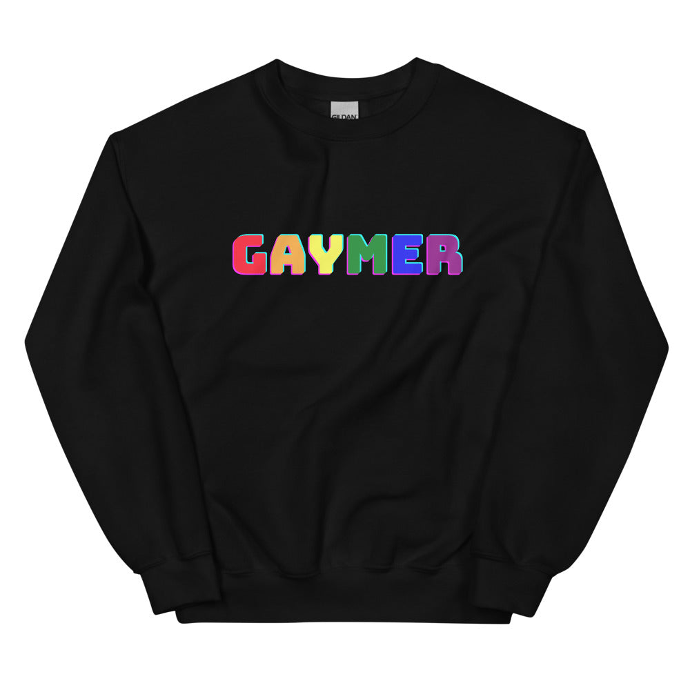 Front view of a black sweatshirt with colorful outlined “GAYMER” lettering