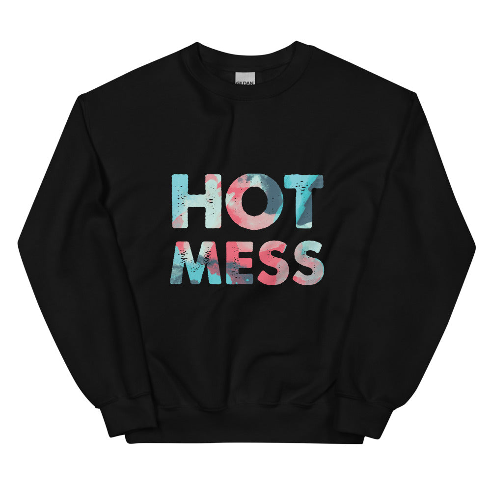 Front view of a black sweatshirt reading “HOT MESS” in distressed pink and blue letters