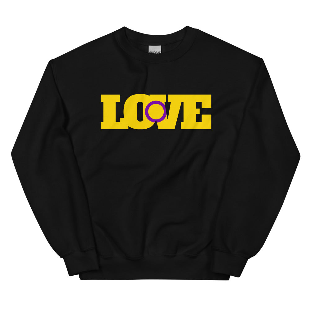 Front view of a black sweatshirt with yellow LOVE lettering and a purple intersex symbol