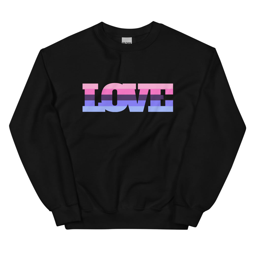 Front-facing black sweatshirt with “LOVE” in pink, purple, and blue stripes