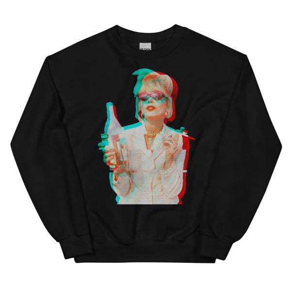 Front view of a black sweatshirt with a colorful glitch-style portrait of a woman holding a drink