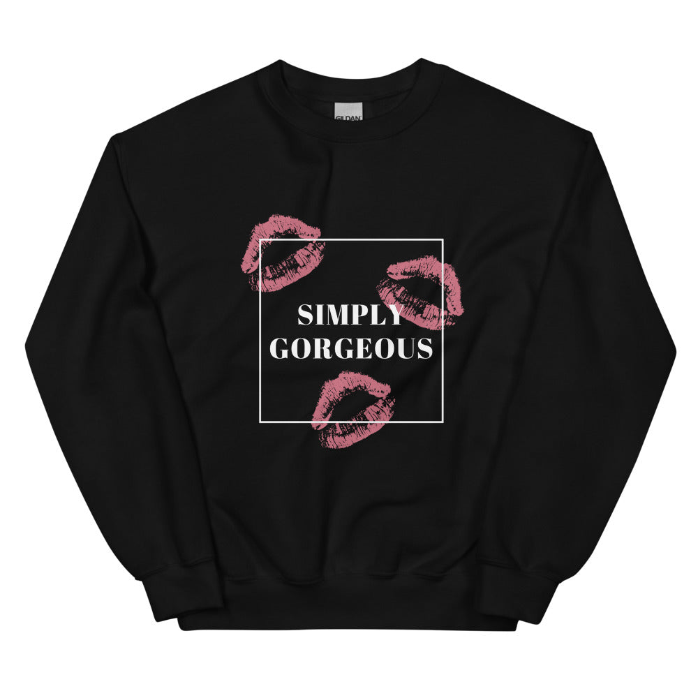 Front view of a black sweatshirt with pink lips and “SIMPLY GORGEOUS” lettering