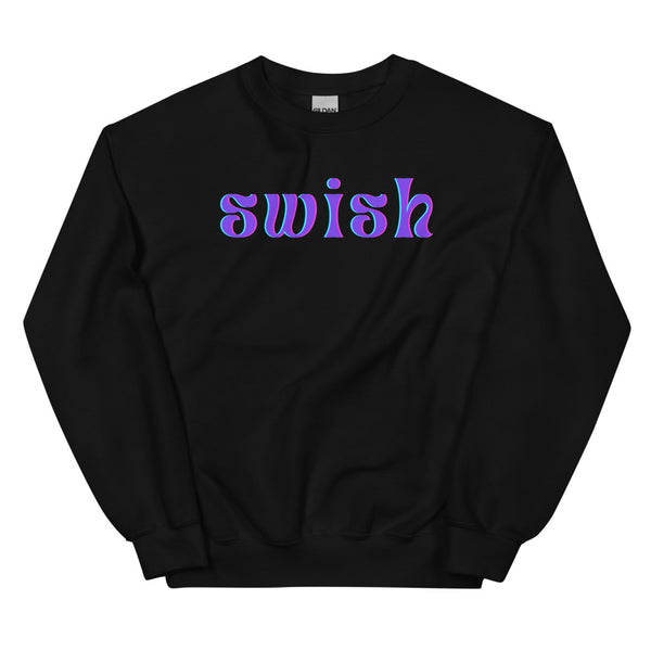 Front view of a black sweatshirt with “swish” in purple and blue lettering