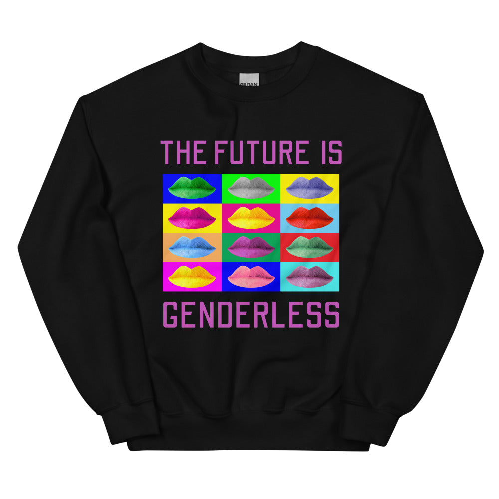 Black sweatshirt reading “THE FUTURE IS GENDERLESS” above a colorful grid of lips