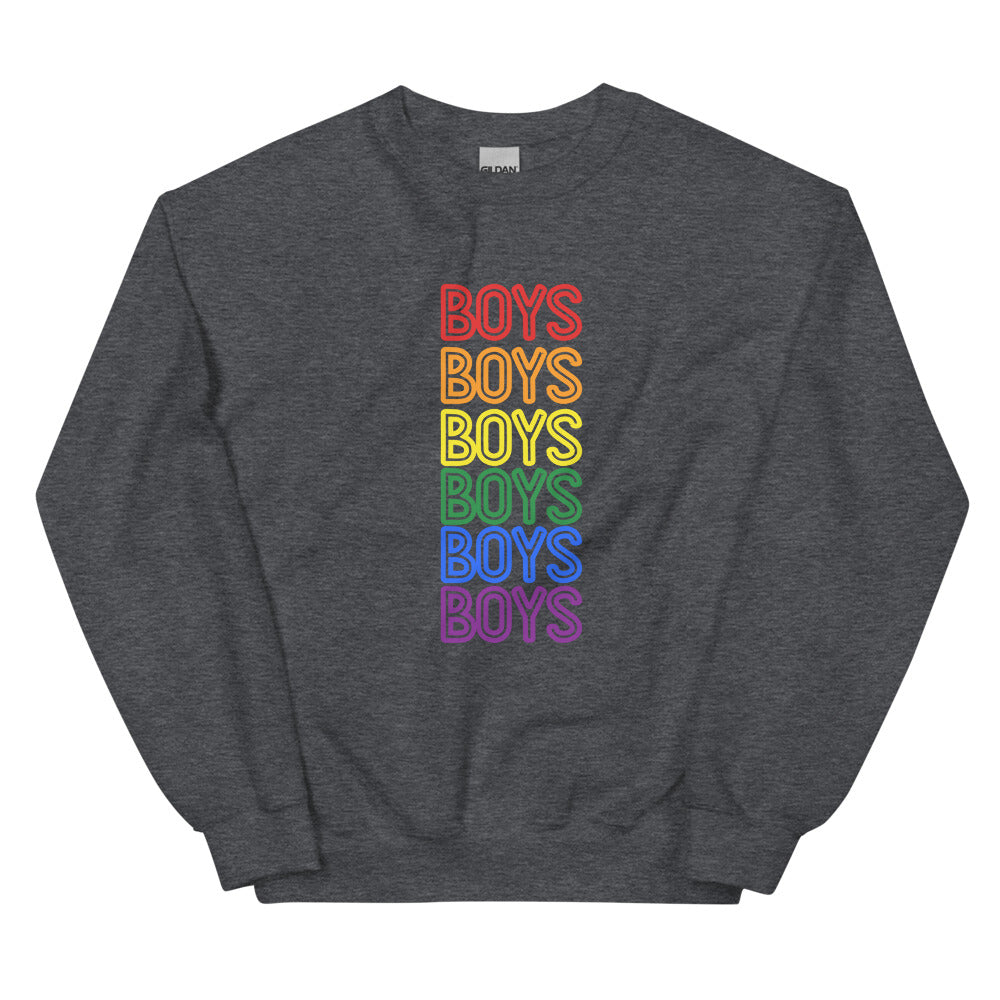 Front view of a dark gray sweatshirt with “BOYS” repeated six times in rainbow colors