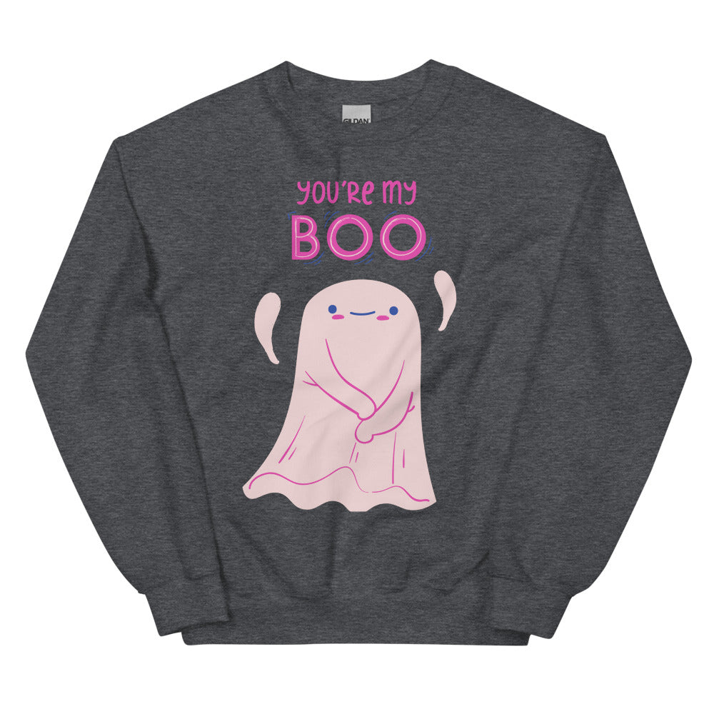 Front view of a dark gray sweatshirt reading “YOU’RE MY BOO” above a pink cartoon ghost