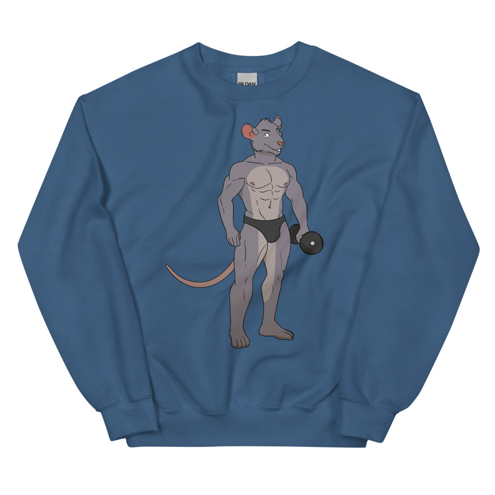 Blue crewneck sweatshirt with a muscular cartoon rat lifting a dumbbell
