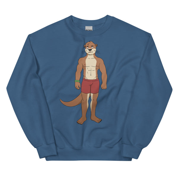 Blue crewneck sweatshirt with a muscular otter illustration wearing red shorts