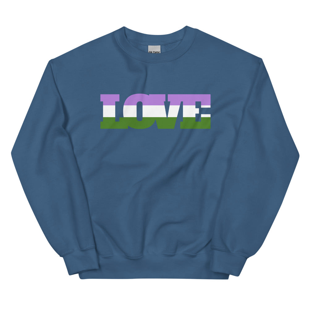 Front view of a blue sweatshirt with a purple, white, and green “LOVE” graphic
