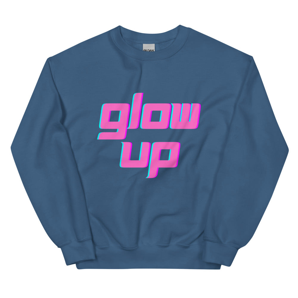 Front-facing blue crewneck sweatshirt with bright pink and cyan “glow up” lettering
