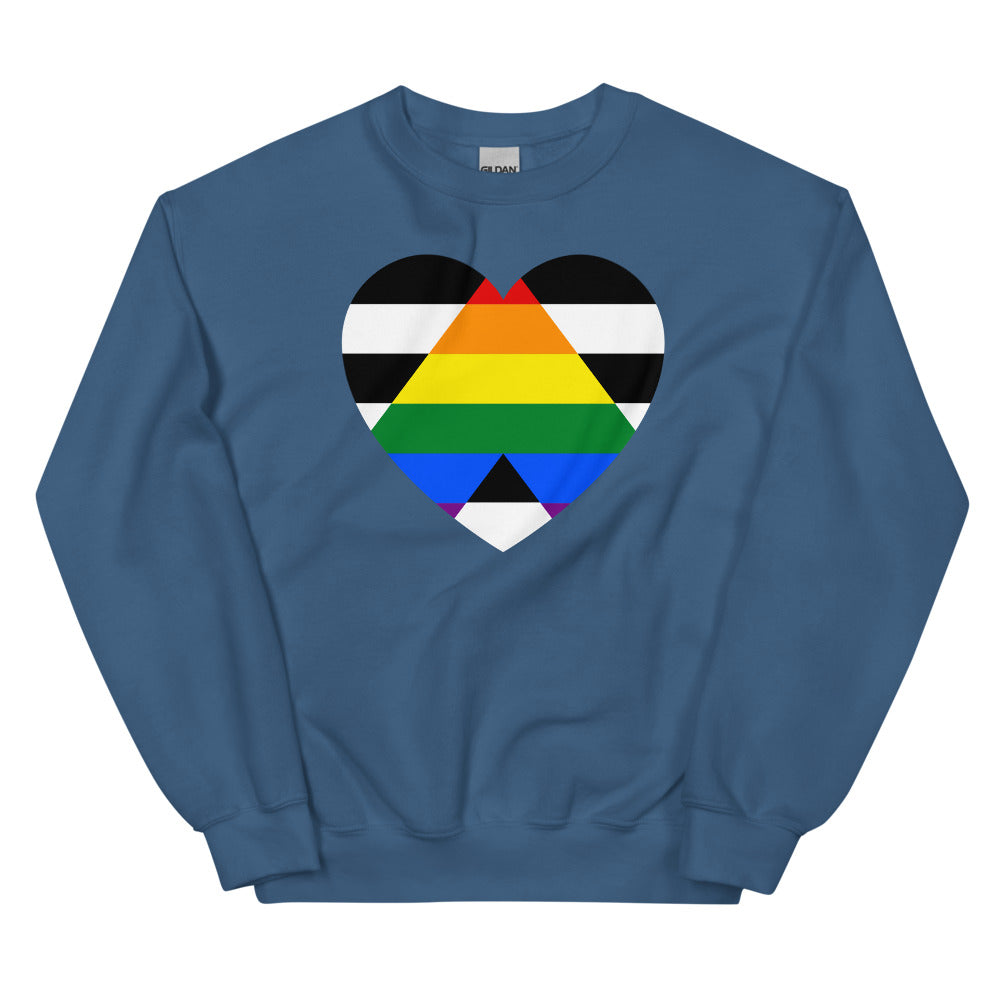 Front view of a blue crewneck sweatshirt with a multicolored striped heart graphic