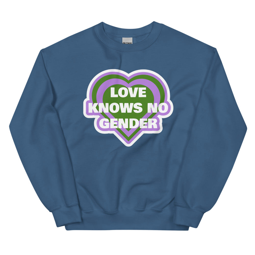 Indigo blue sweatshirt with a layered green and purple heart reading “LOVE KNOWS NO GENDER”