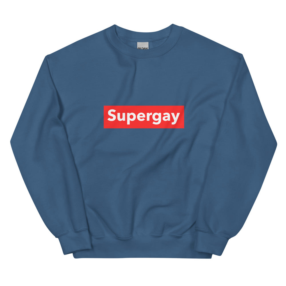 Front view of a blue crew-neck sweatshirt with “Supergay” in white on a red rectangle
