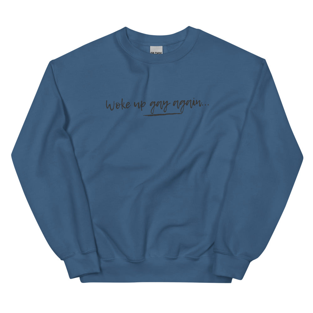 Front view of a blue sweatshirt with black script reading “Woke up gay again...”