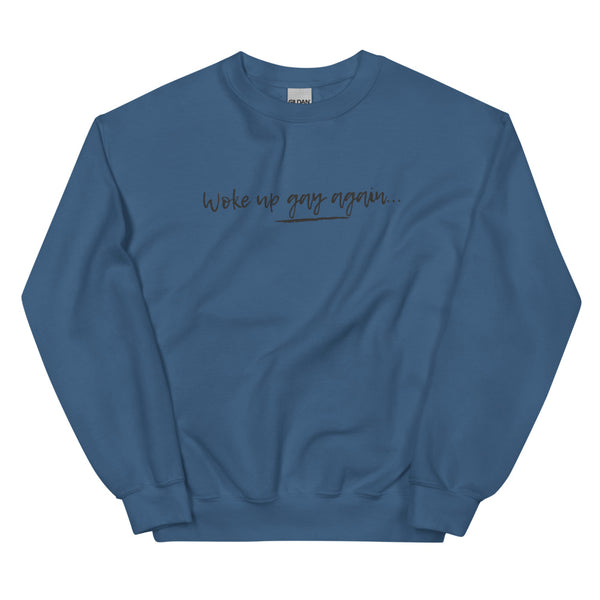 Front view of a blue sweatshirt with black script reading “Woke up gay again...”
