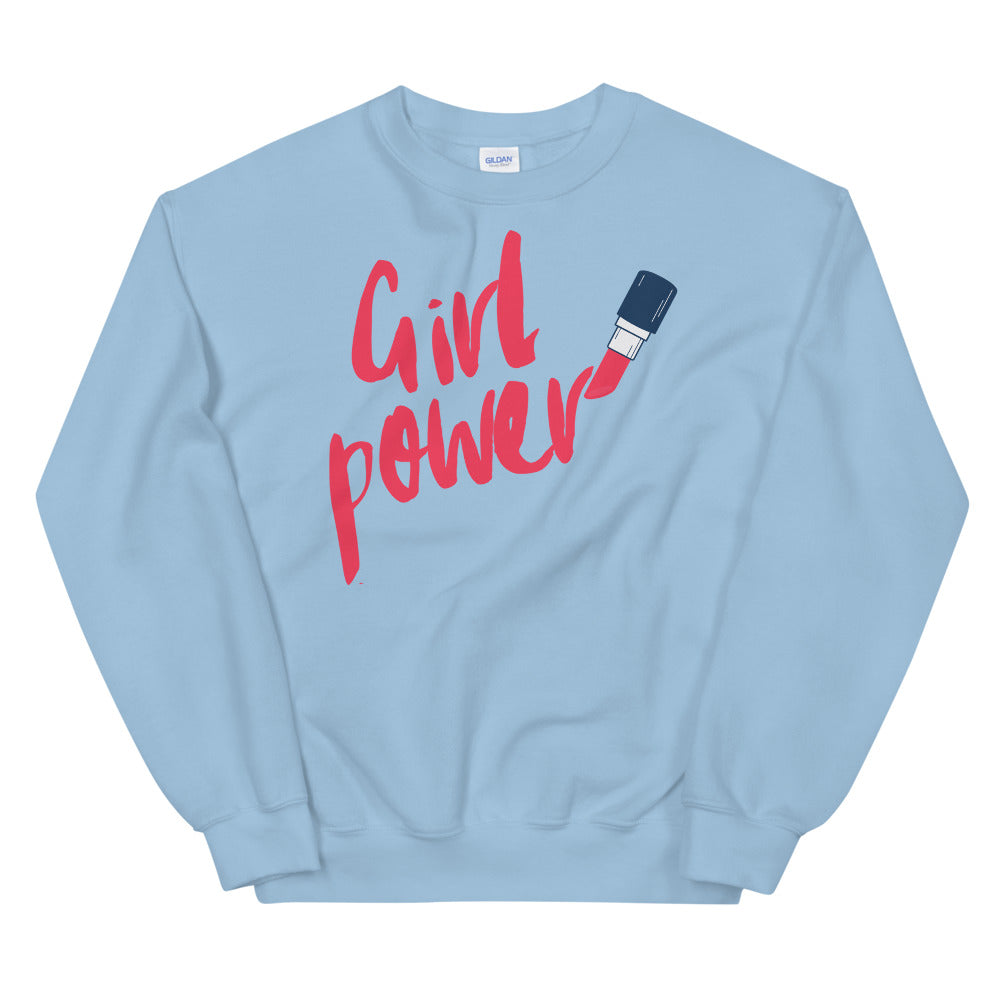 Light blue sweatshirt with red “Girl Power” lettering and lipstick graphic