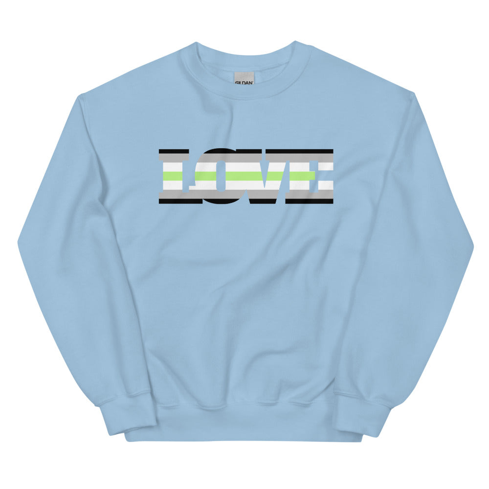Front view of a light blue sweatshirt with a striped “AGENDER” chest graphic