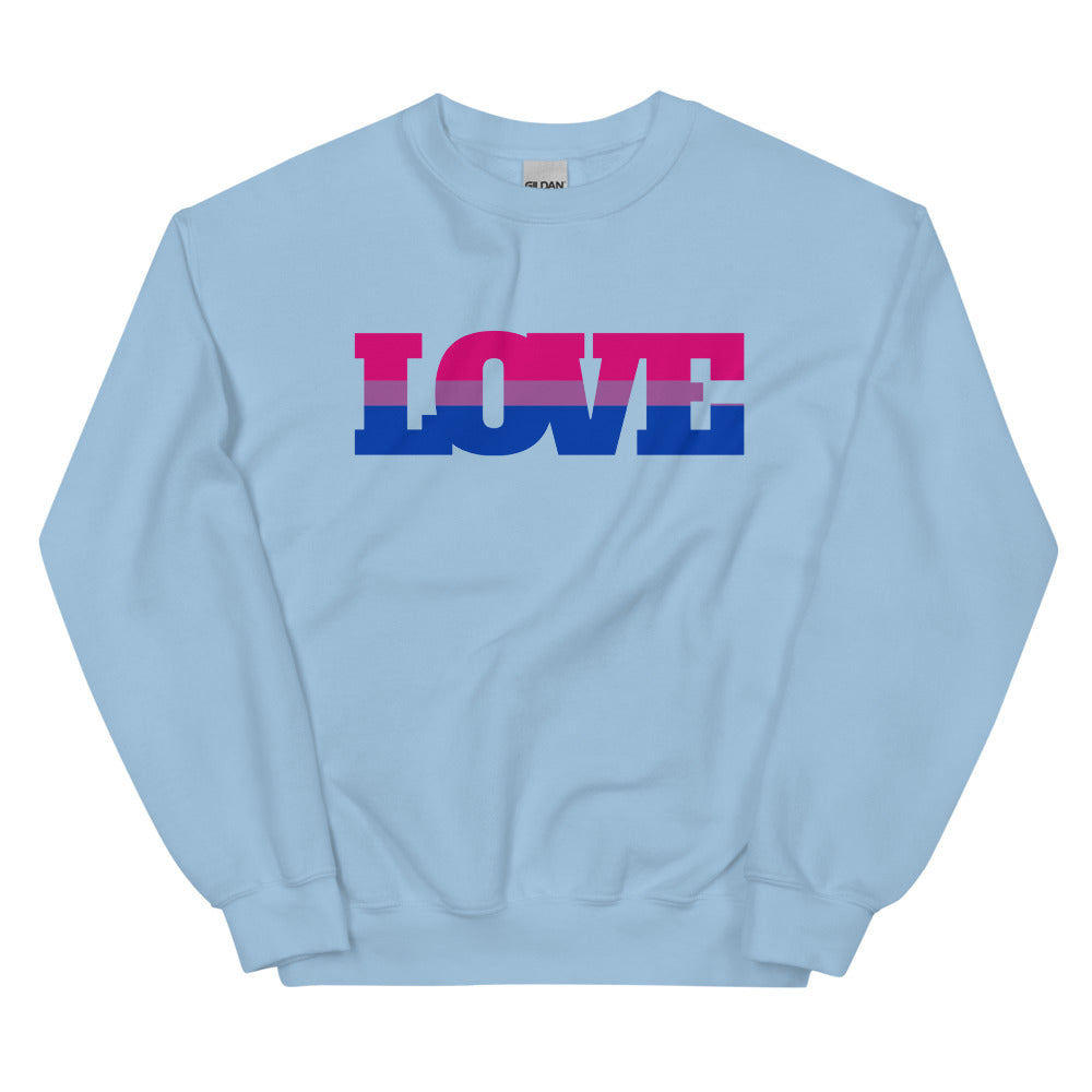 Front view of a light blue sweatshirt with LOVE in pink, purple, and blue stripes